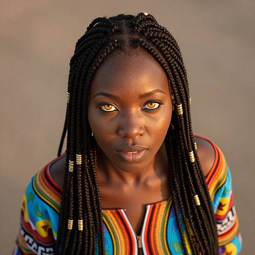 Photograph of a young Black woman with dark skin, golden-brown eyes, and long, braided hair wearing a colorful, striped, off-