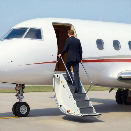 Photograph of a man in a black suit, descending a white airstair from a white private jet with a red stripe.