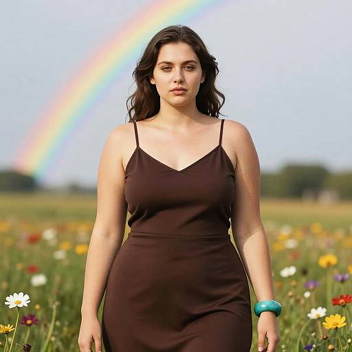 Photograph of a fair-skinned woman with dark wavy hair, wearing a black spaghetti-strap dress, standing in a colorful flower field with a