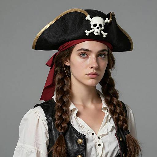 Young Woman in Pirate Costume with Tricorn Hat