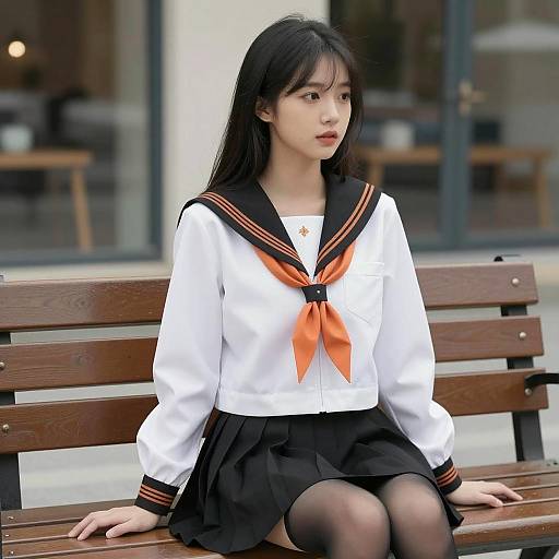 Asian Woman in Sailor School Uniform on Bench