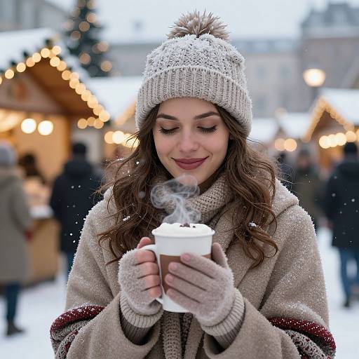 Photograph of a smiling woman with long brown hair, wearing a gray knit hat, beige coat, and gloves, holding a steaming cup in a