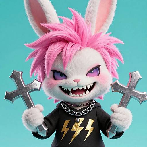 Digital artwork of an anthropomorphic white bunny with pink spiky hair, sharp teeth, purple eyes, and black shirt with gold lightning bolt, holding two