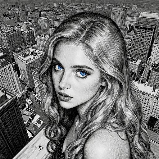 Digital drawing of a blonde woman with blue eyes, wavy hair, and intense gaze, standing against a black-and-white cityscape.