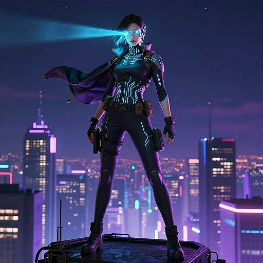 Cyberpunk woman in glowing neon armor stands confidently on rooftop, laser beam from eye, cityscape with colorful skyscrapers in background.