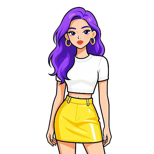 Digital illustration of a stylish woman with long purple hair, wearing a white crop top, yellow high-waisted skirt, and gold hoop earrings, standing