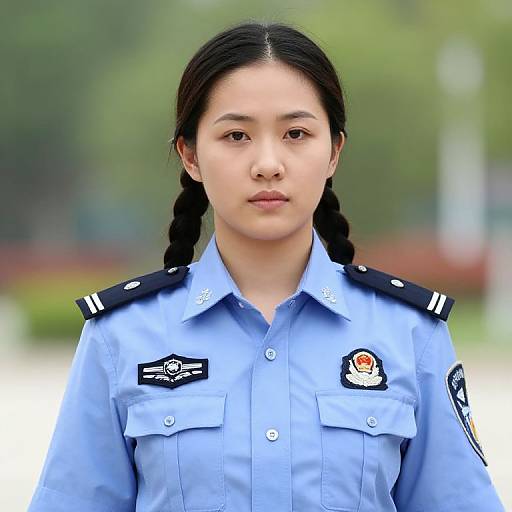 Photograph of an Asian woman with black braided hair, wearing a light blue police uniform with black shoulder straps, standing outdoors. Background is blurred green