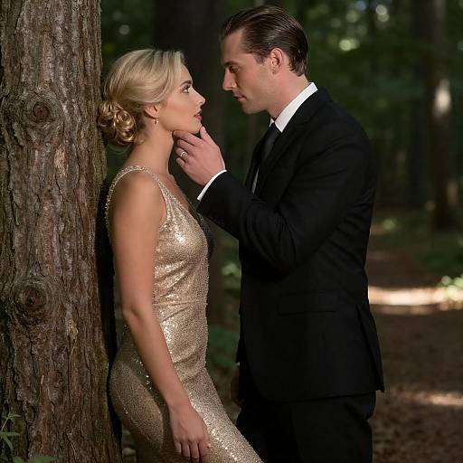 Romantic Forest Scene with Elegant Couple