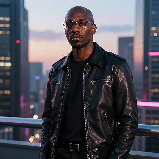 Photograph of a bald, Black man in a black leather jacket and black shirt, standing on a city rooftop at sunset, wearing glasses, with blurred