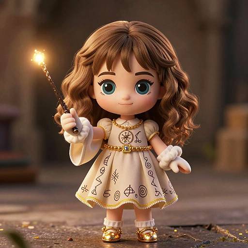 Photorealistic CGI of a cute, fair-skinned doll with large blue eyes, wavy brown hair, wearing a white, magic-themed dress,