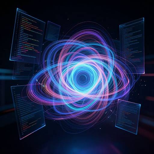 Digital art: Neon blue and pink swirling vortex at center, surrounded by floating text boxes on a dark, starry background.
