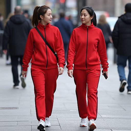 Couple in Red Tracksuits Walking Downtown