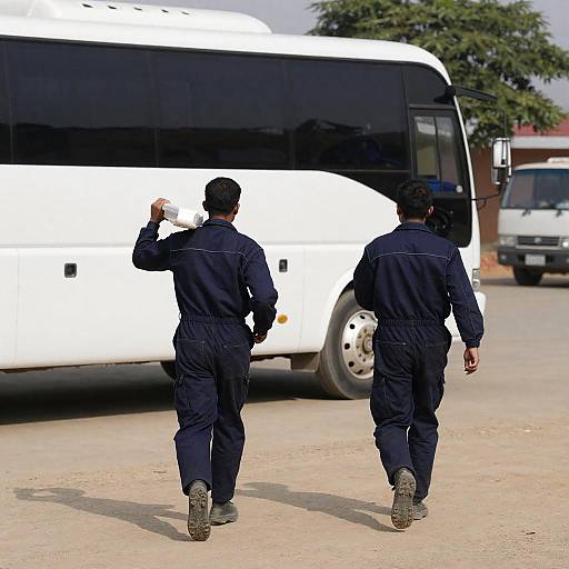 Two Men Running Toward White Bus