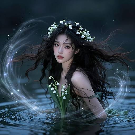 Digital fantasy artwork of a pale, ethereal woman with long black hair, wearing a flower crown, holding lilies, partially submerged in dark, glowing
