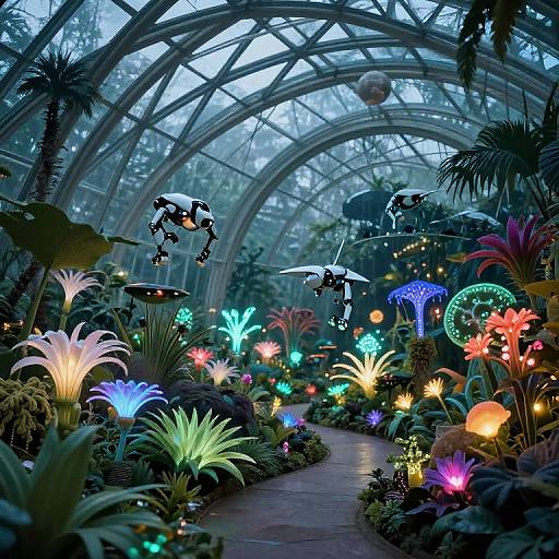Photograph of a vibrant, futuristic greenhouse with glowing, colorful alien-like plants, illuminated by neon lights, and two hovering robotic insects.