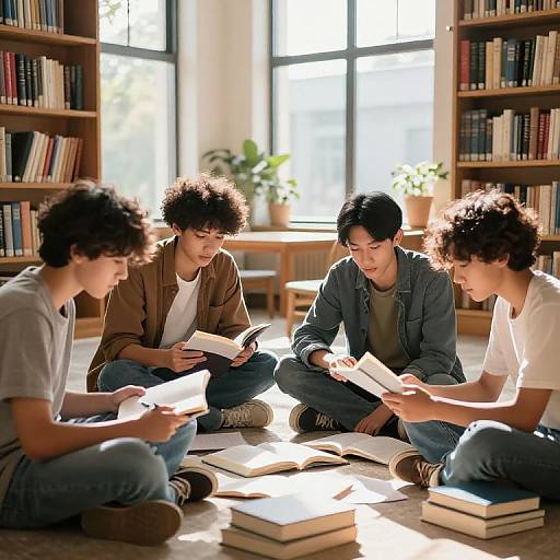 Photograph of four young men with curly hair, sitting cross-legged on floor in sunlit library, reading books, surrounded by stacked books.