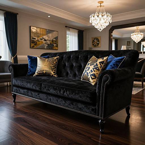 Photograph of a luxurious living room featuring a black velvet sofa with gold and blue patterned pillows, dark wood floors, and two sparkling chandeliers