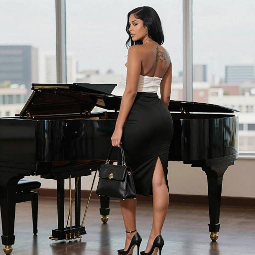 Elegant Woman by Black Grand Piano