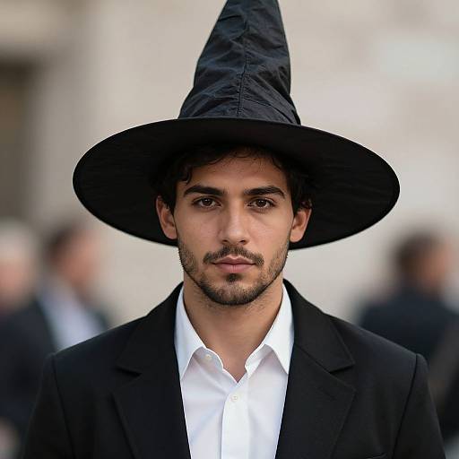 Photograph of a bearded man with olive skin, dark hair, and brown eyes, wearing a black witch hat and black suit, with a white