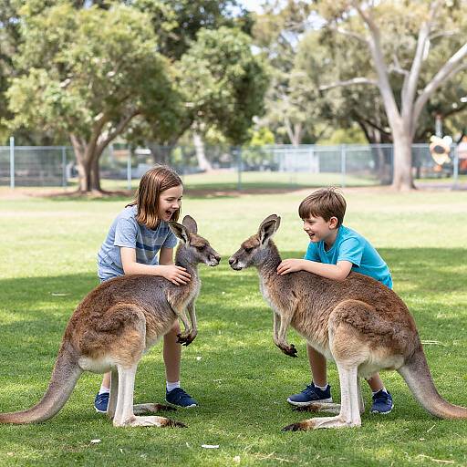 Children Playing with Kangaroos in Park