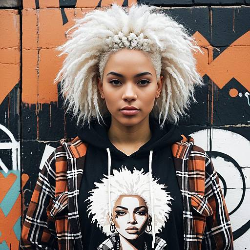 Urban Punk Woman with White Afro Hair and Tartan Hoodie
