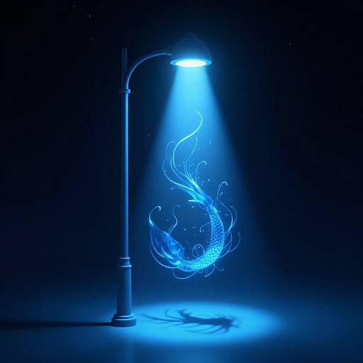 Photograph of a blue-lit street lamp illuminating a glowing, ethereal fish with intricate, swirling fins in a dark background.