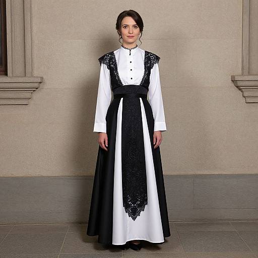 Photograph of a young woman with dark hair, wearing a long, white and black lace dress with high neckline, standing against a beige stone wall.