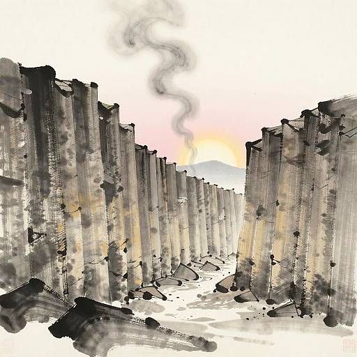 Abstract digital painting of tall, jagged, black-and-gray stone pillars with swirling smoke in a white-to-pink gradient sky.