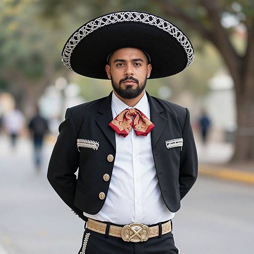 Photograph of a bearded man with medium skin tone, wearing a large black sombrero with white lace, black suit, white shirt, red bow