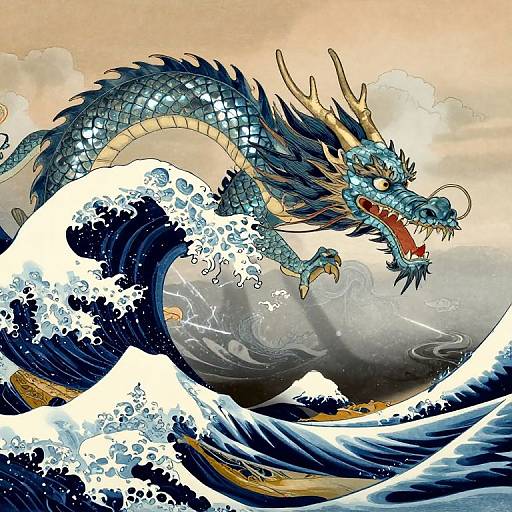 Digital illustration of a blue, scaly dragon with gold horns and sharp teeth, roaring amidst crashing white and blue ocean waves.