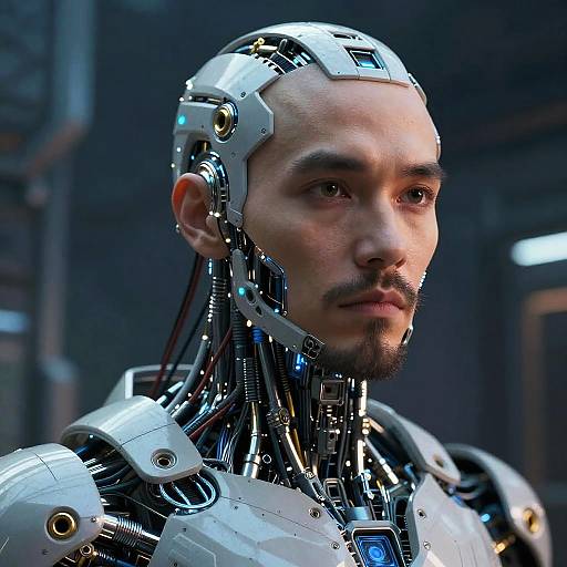 Photorealistic CGI of a bald, bearded man with a cybernetic head and neck, featuring metallic components and blue lights, in a dark