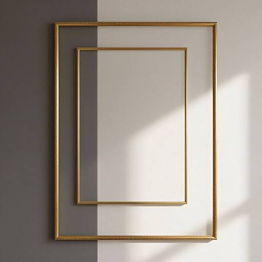 Photograph of two empty gold-framed square pictures, one inside the other, against a split background of white and dark gray, with sunlight casting shadows