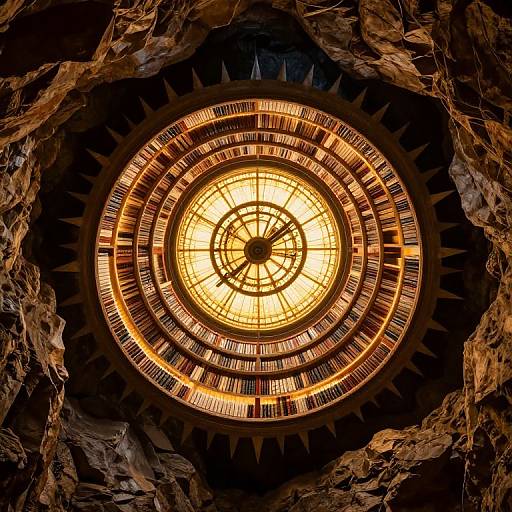 Illuminated Circular Library Between Cliffs