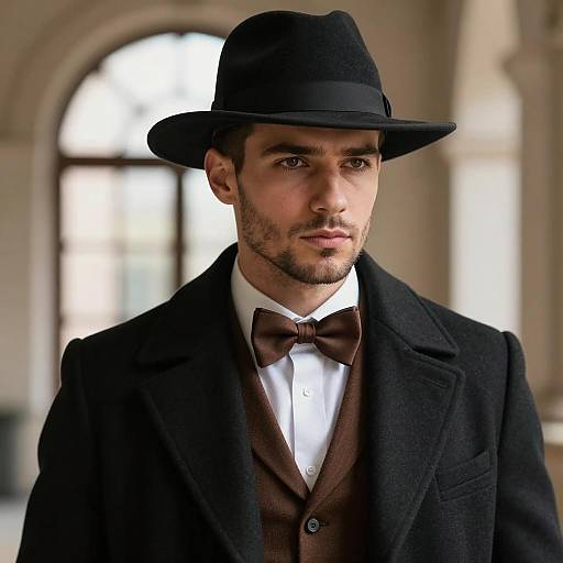 Handsome man in classic black fedora and brown bowtie