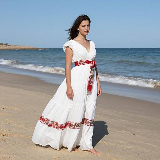 Woman in Flowing White Gown on Beach