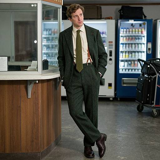 Man in Vintage Attire at Ticket Counter