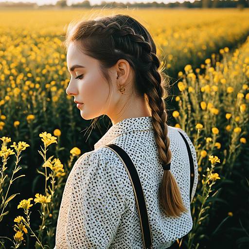 Young Woman with French Braids in Flower Field