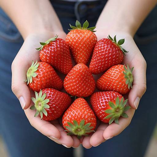 Photograph of a person's hands holding a dozen vibrant, red, fresh strawberries with green tops, against a blue denim background.