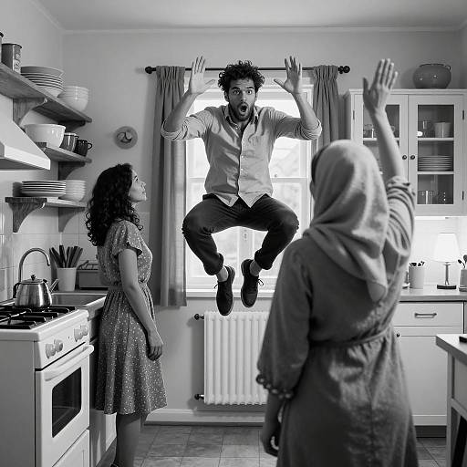 Dynamic Kitchen Scene in Black and White