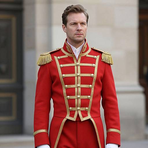 Photograph of a serious-looking man in a red military-style uniform with gold epaulettes and trim, standing in front of a stone building.