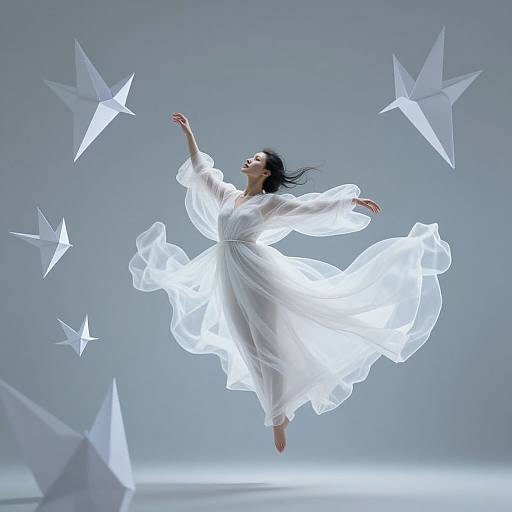 Photograph of a woman with flowing white dress, black hair, arms outstretched, floating amidst glowing white paper stars against a gray background.