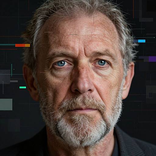 Photograph of an older white man with gray hair, blue eyes, and a white beard, set against a dark, digital grid background. Serious expression