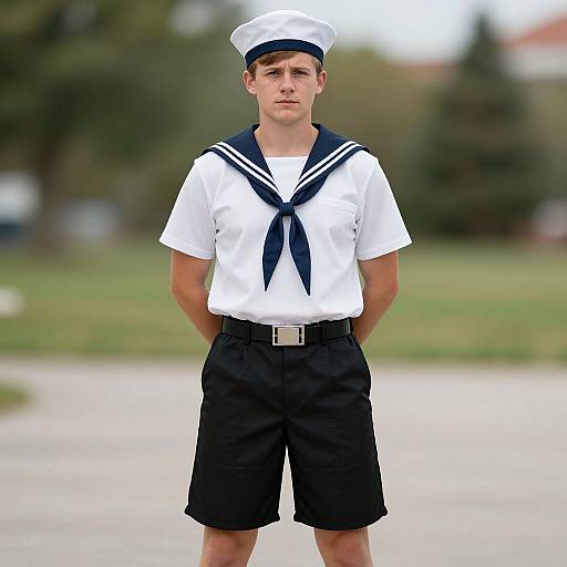Photograph of a young, white male sailor in a classic navy and white uniform, standing outdoors with hands behind back, green blurred background.