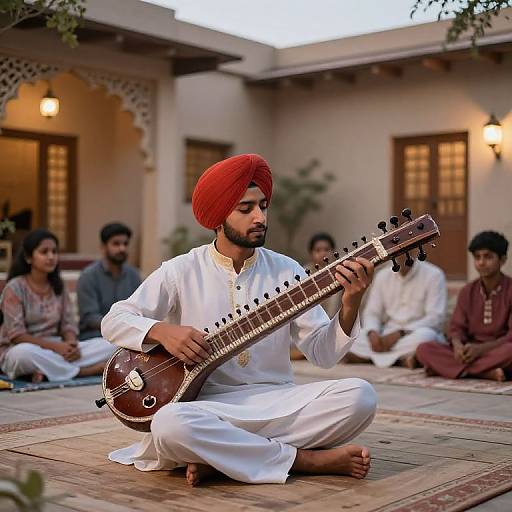 Punjabi Boy Playing Sitar at Home