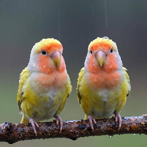 Two Colorful Baby Lovebirds in Rain