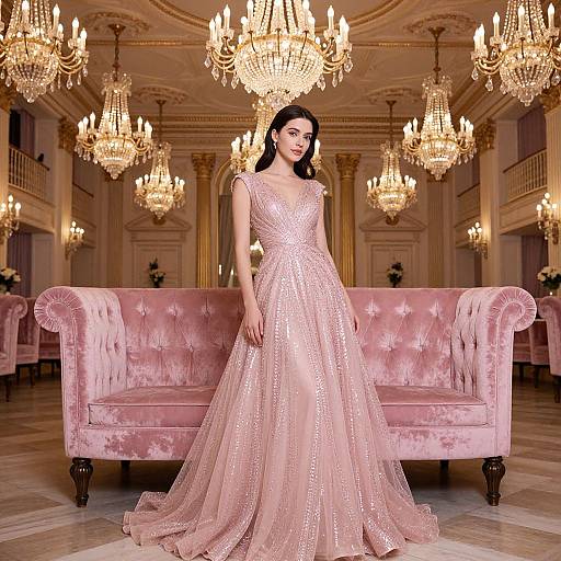 Photograph of a beautiful woman in a sparkling pink ball gown, standing in an opulent ballroom with grand chandeliers and pink velvet sofas.