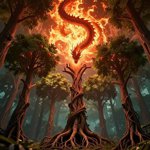 Digital fantasy artwork of a fiery red dragon emerging from a twisted, tree-root centerpiece in a dark, misty forest.