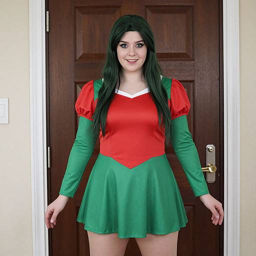 Photograph of a fair-skinned woman with long black hair, wearing a red and green cosplay dress with puffed sleeves, standing in front of a