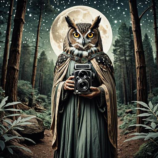 Mystic Owl Sage Holding Vintage Camera in Enchanted Forest