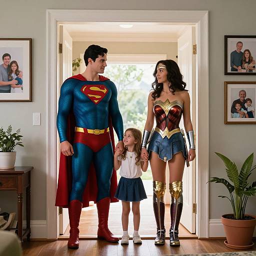 Photograph of a family in superhero costumes: Superman, Wonder Woman, and a young girl in a Wonder Woman dress, standing in a brightly lit doorway